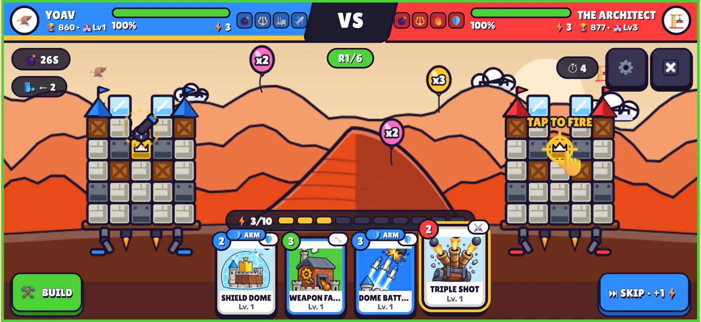 A FlyFort battle: two castles on floating rocks, a hand of four cards and the wind indicator